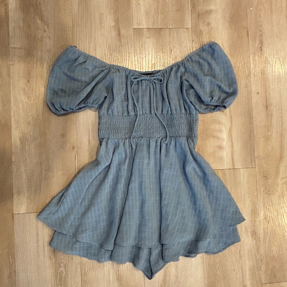 Dreamy Blue Plaid Romper - Off The Shoulder Size S